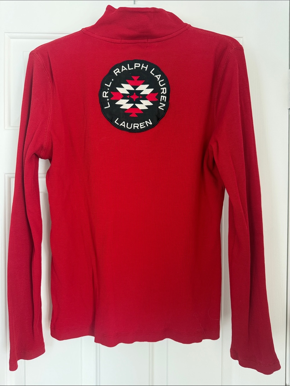 Y2K Ralph Lauren Red Ribbed Pullover with Black Geometric Logo Patch